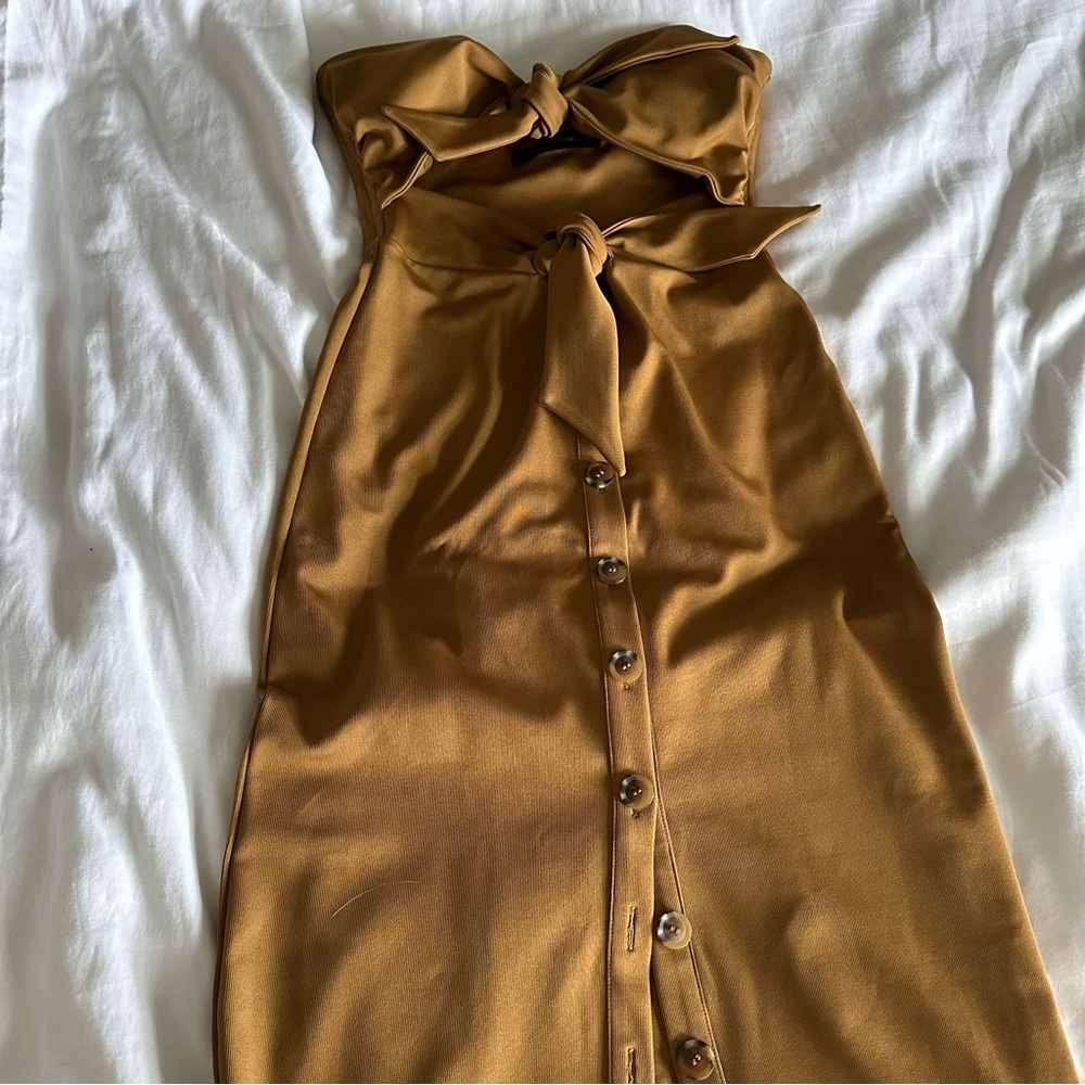 Gold Color Ribbed Strapless Midi Dress - Picture 1 of 12